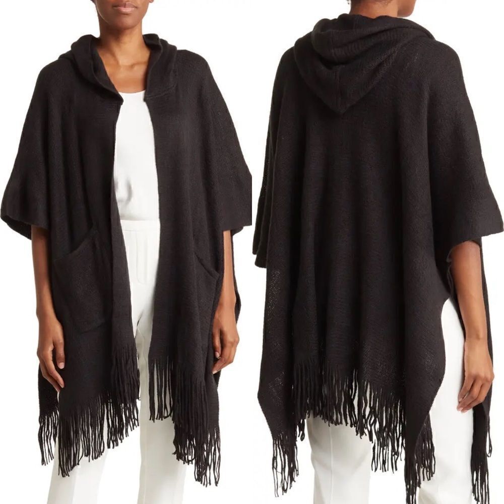 VINCE CAMUTO Feels‎ Like Home Hooded Fringe Hem Ruana Cape Wrap, Black, NWT